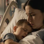 Mother cradling sick child in bed with thermometer and medication showing grief