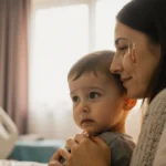 Mother gently touches her son