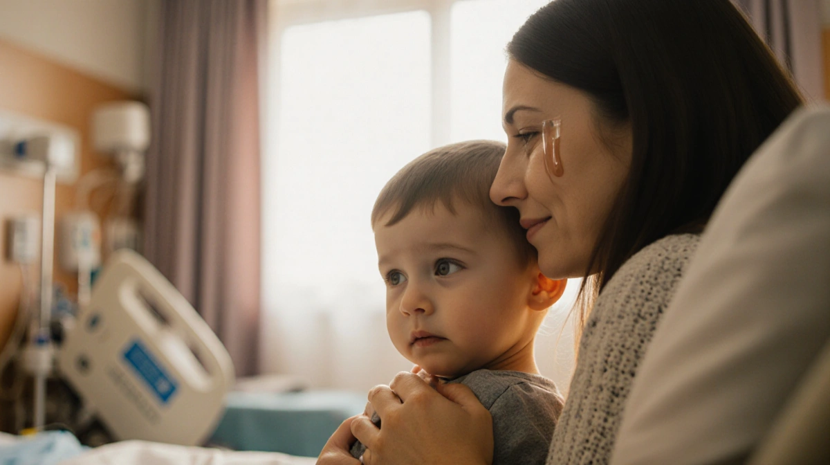 Mother gently touches her son