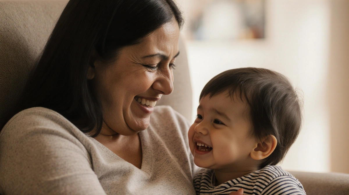 Mother gazing lovingly at her child with tears of joy and warm lighting showing their special bond