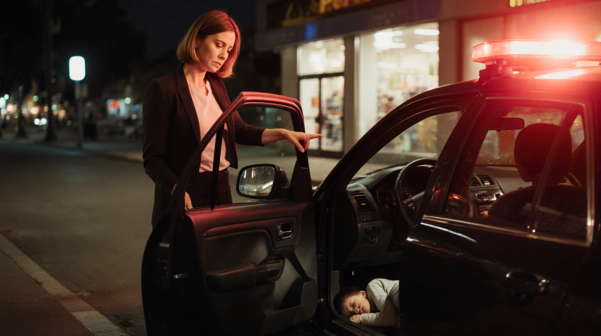 Mother gesturing toward police car with child sleeping inside and store lights glowing behind
