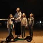 Mother holding electric scooter with four children behind her and police tape visible in the background
