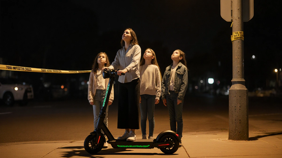 Mother holding electric scooter with four children behind her and police tape visible in the background