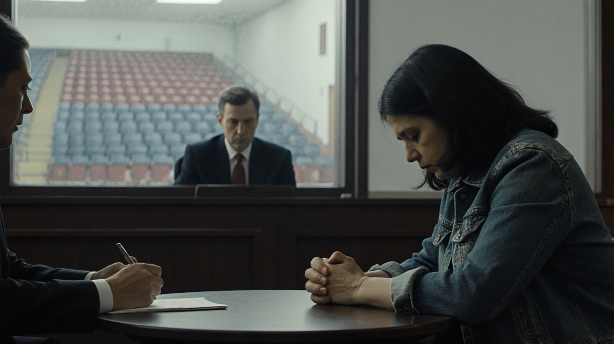 Mother sits with bowed head and clasped hands at courtroom table with judge watching and school auditorium visible through wi
