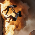 Chat interface displays message forbidding harmful violent image prompts with text about mother and burning building