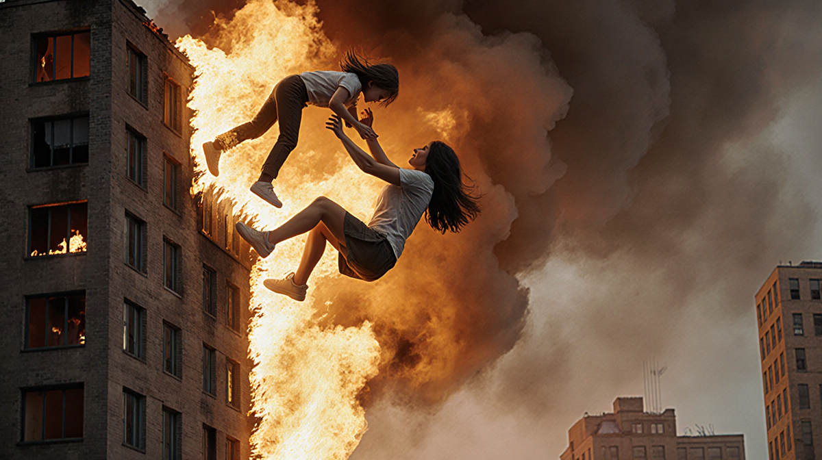 Chat interface displays message forbidding harmful violent image prompts with text about mother and burning building