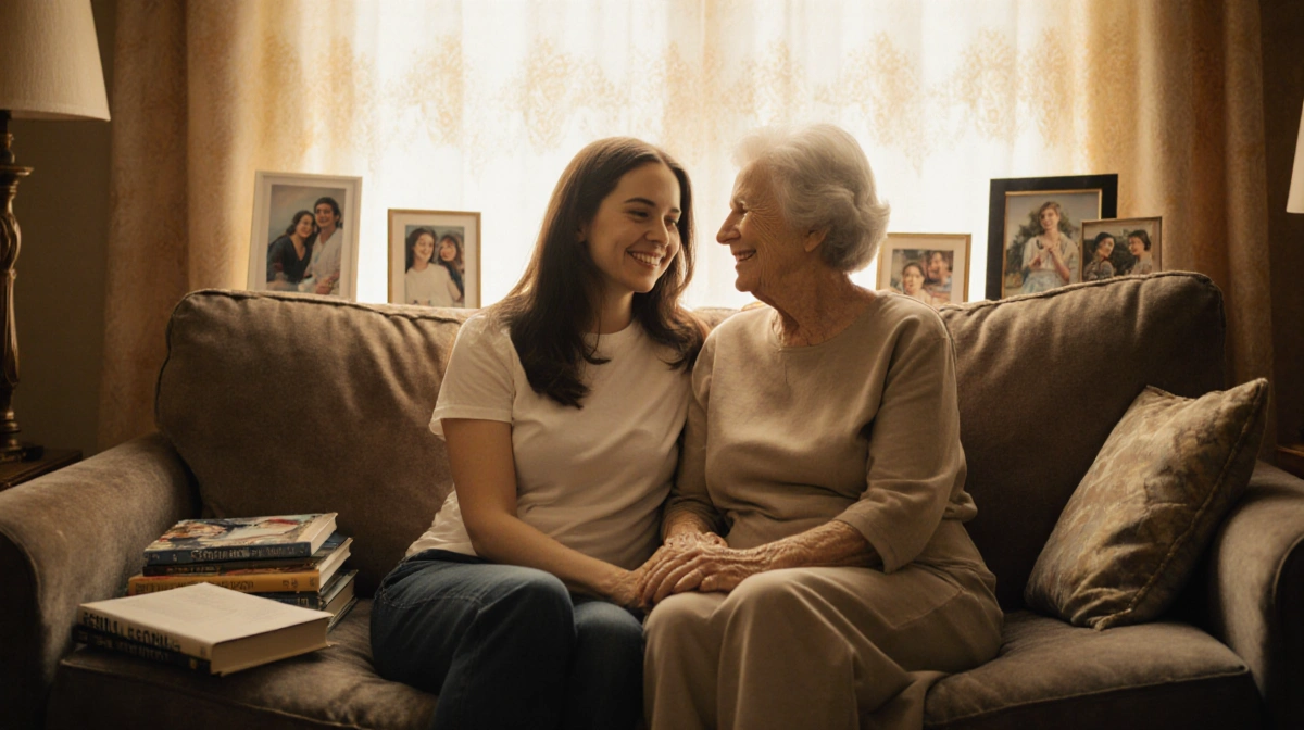 Mother and daughter sitting together on couch with college books and family photos showing tender moment