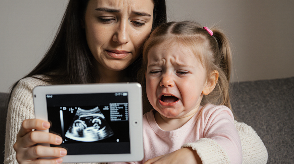 Mother holding tablet comforts crying daughter with ultrasound screen visible