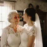 Mother and daughter share emotional moment with vintage wedding dress and natural window light in cozy room