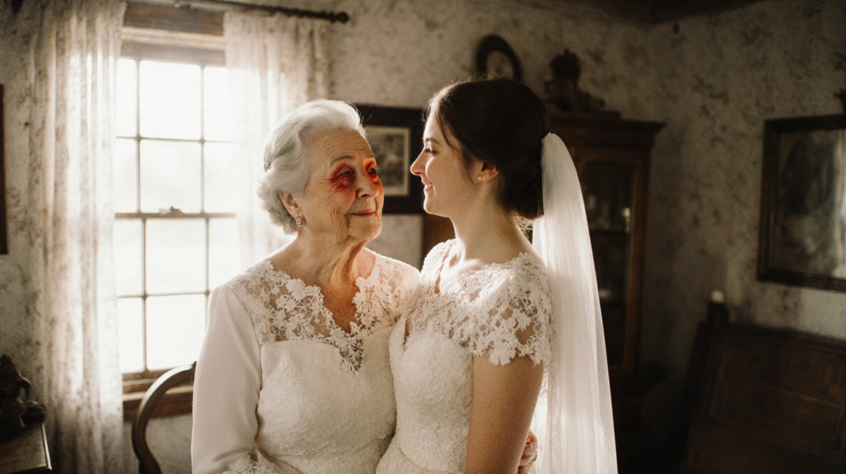Mother and daughter share emotional moment with vintage wedding dress and natural window light in cozy room