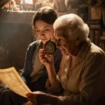 Young mother examines antique map with grandmother opening dusty locket in treasure-filled attic with golden light