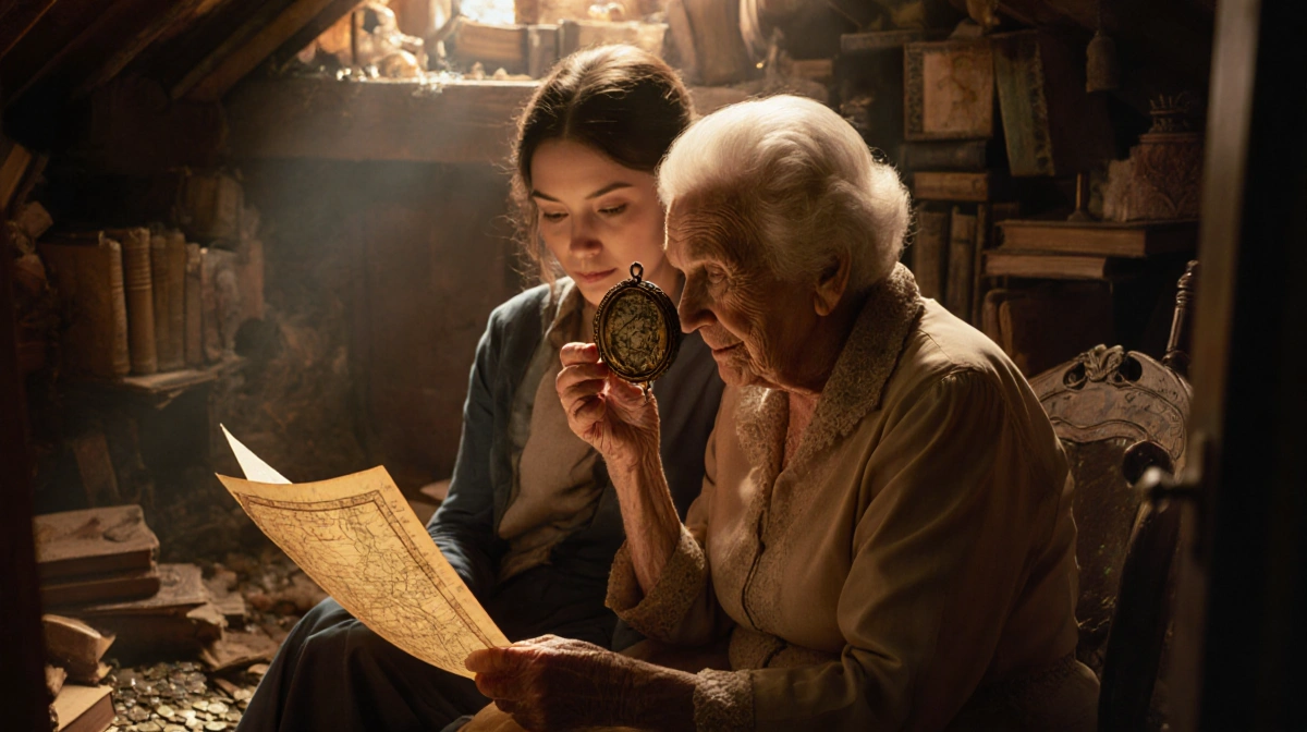 Young mother examines antique map with grandmother opening dusty locket in treasure-filled attic with golden light