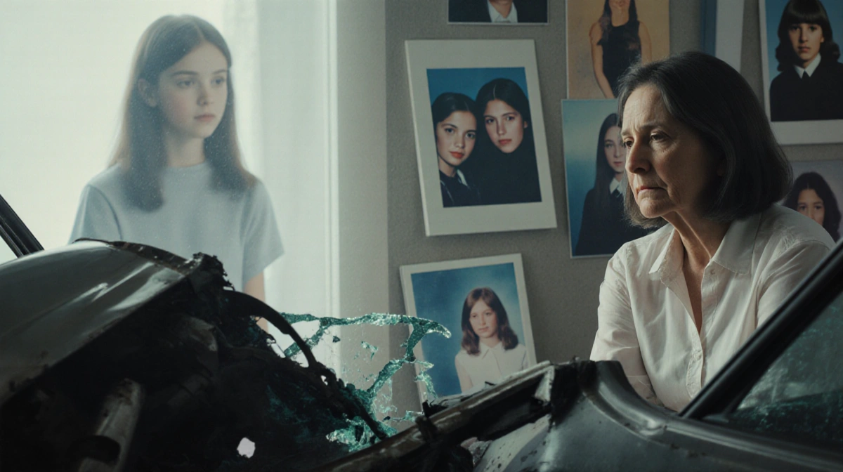 Mother sits alone with childhood photos of daughters and car crash scene showing daughter's silhouette watching