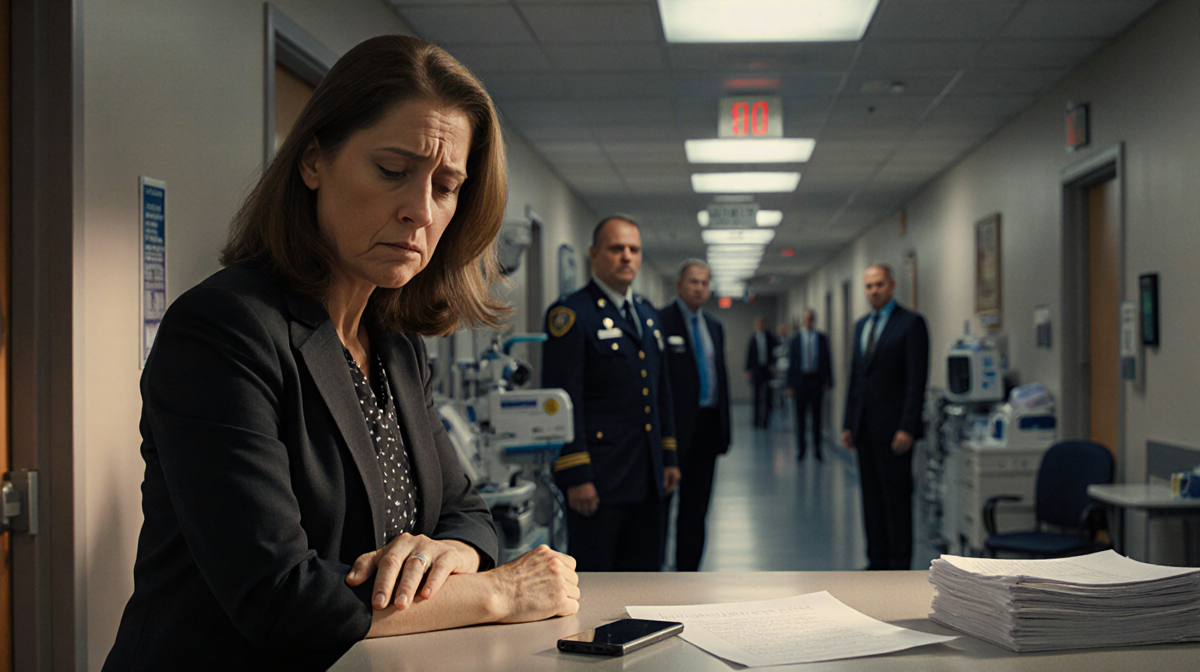 Mother standing at hospital counter with phone and papers expressing grief while a blurred coroner hallway looms