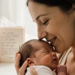 Mother cradling newborn baby girl with gentle smile and open book in soft natural light