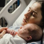 Tatiana Schlossberg lying in a hospital bed holding a newborn with warm light illuminating tears