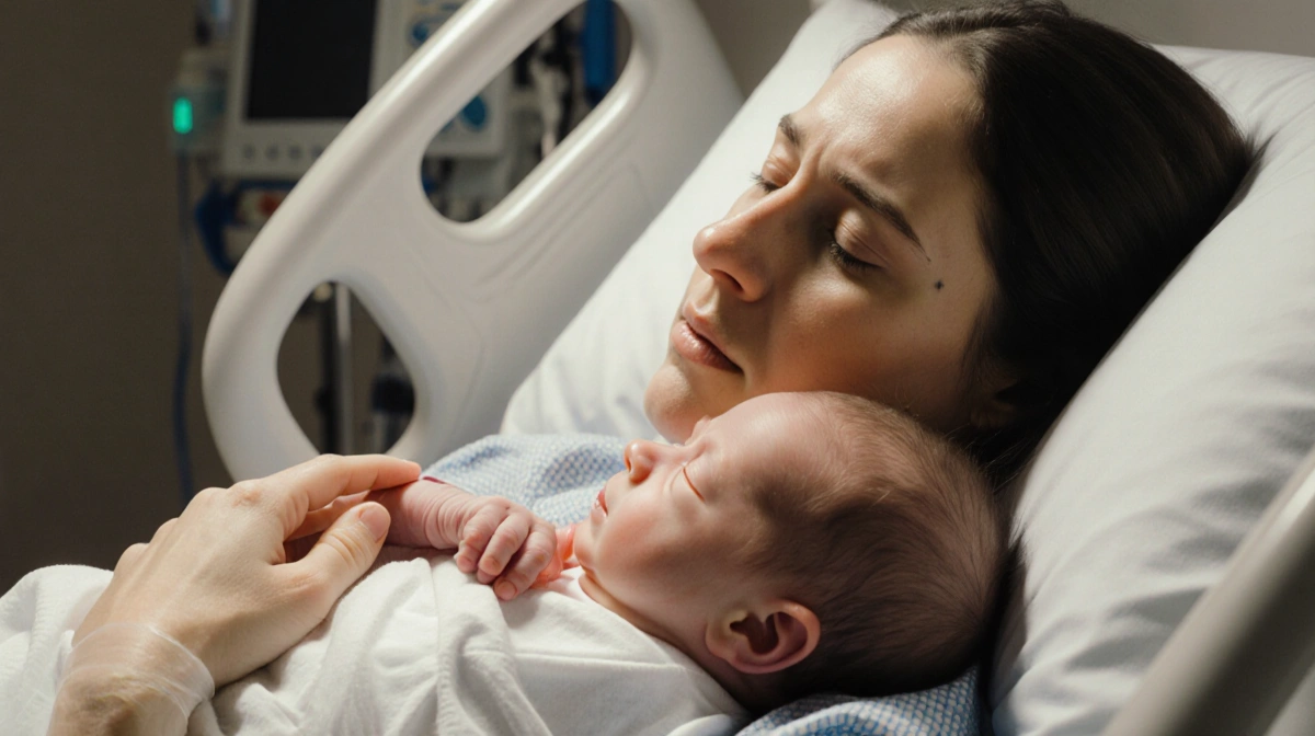 Tatiana Schlossberg lying in a hospital bed holding a newborn with warm light illuminating tears