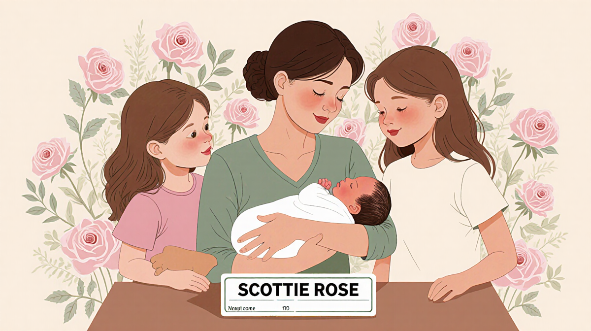 Mother cradles newborn with sisters beside and family name tag on table in soft pastel scene with rose motif background