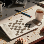 Person solving Mayhem crossword on cluttered desk with warm natural light and scattered tea cups