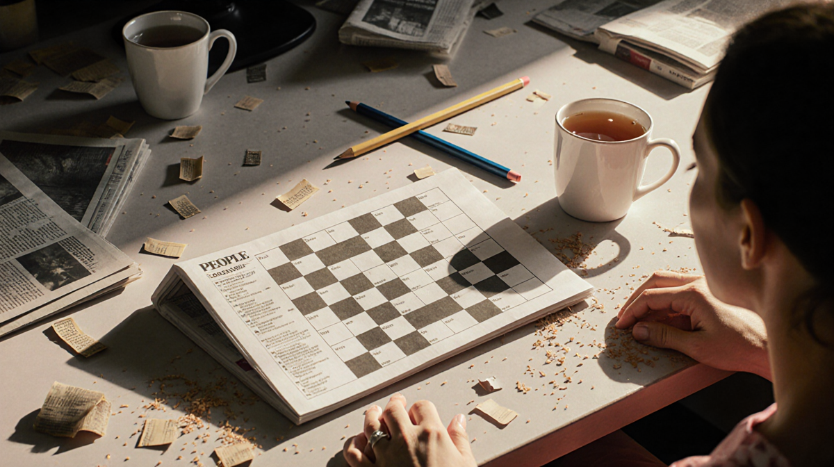 Person solving Mayhem crossword on cluttered desk with warm natural light and scattered tea cups