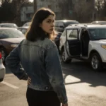 Young mother looks over her shoulder with hand on hip and worn denim jacket while standing near parked cars