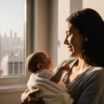 Young mother cradles premature baby with tiny hand wrapped around her finger and city lights glowing through window behind th