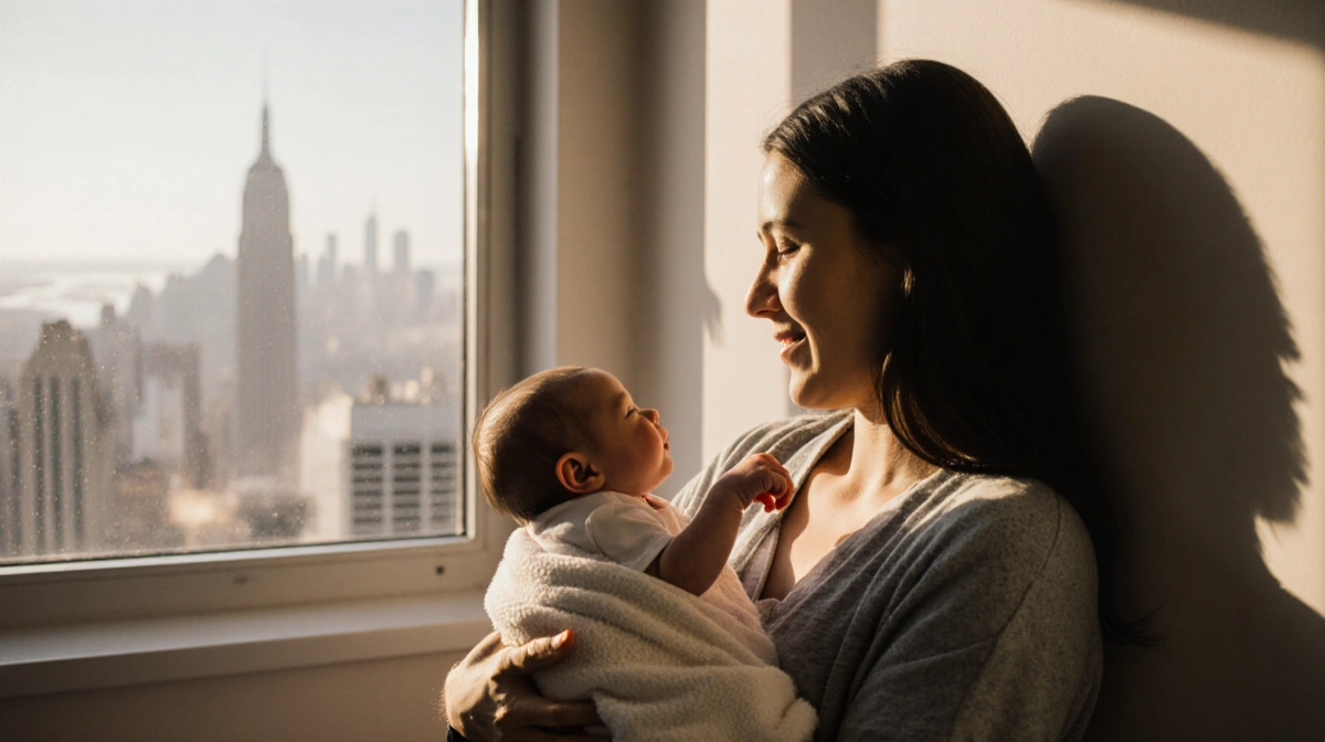 Young mother cradles premature baby with tiny hand wrapped around her finger and city lights glowing through window behind th