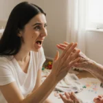 Young mother gently blocks grandma