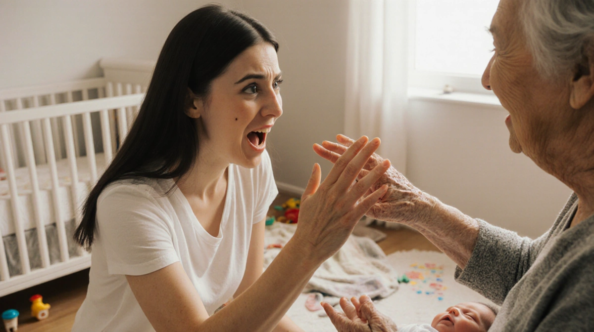 Young mother gently blocks grandma