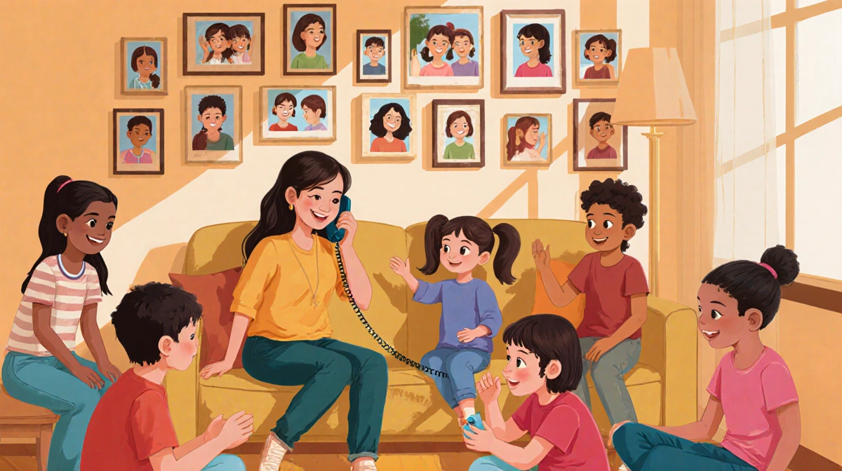 Mother smiling while talking on phone with seven children playing nearby and family photos on wall