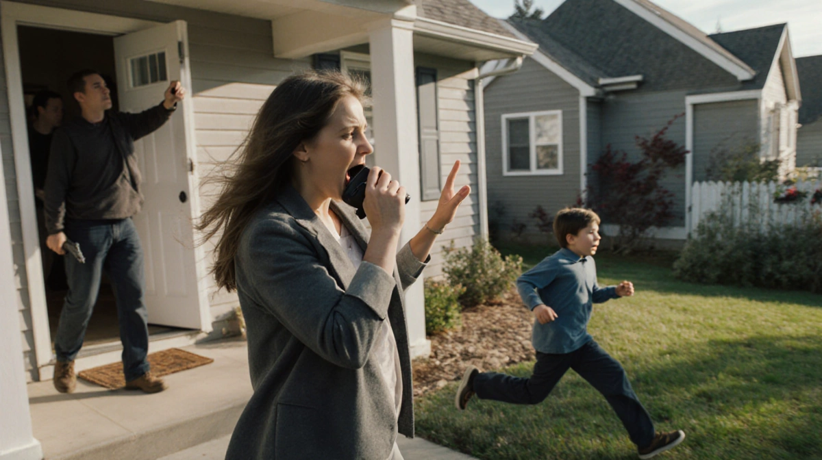 Mother signaling son to run for help while husband points gun in the background with urgent danger unfolding