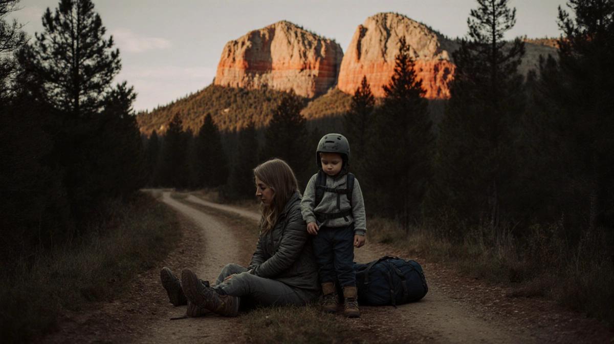 Mother and son hiking on Shafer Trail with red rock formations and scattered gear showing lost hikers