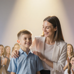 Mother smiles while placing hand on son