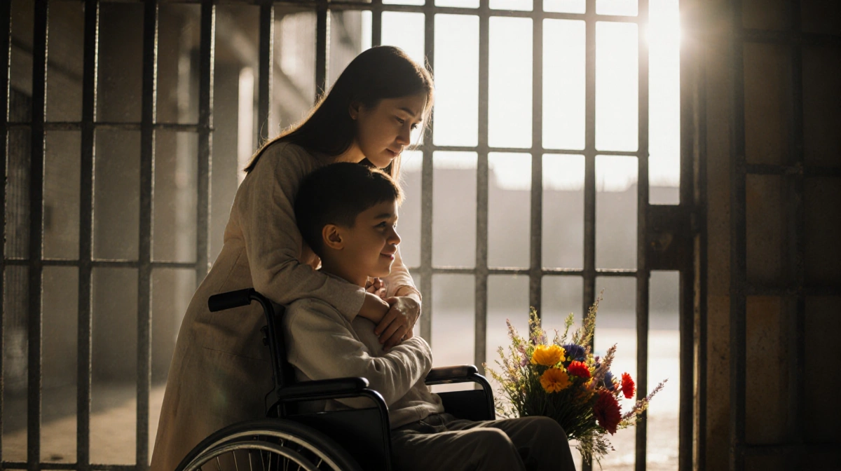 Mother embracing son in wheelchair with prison fence and flowers on ground