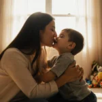 Mother kissing her young son on the lips with golden sunlight streaming through the window and toys scattered nearby