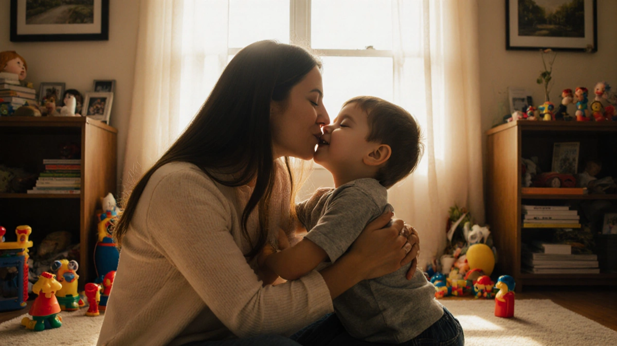 Mother kissing her young son on the lips with golden sunlight streaming through the window and toys scattered nearby