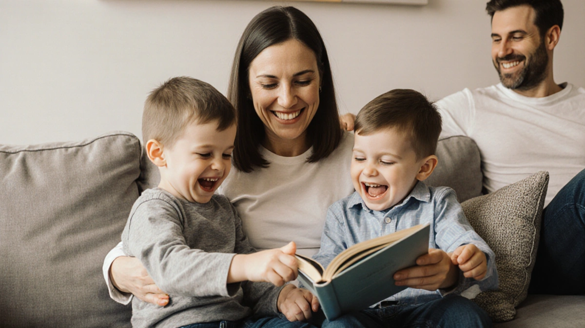 Mother holding her two young sons on couch with father watching and boys laughing together