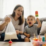 Mother and toddler sharing breast milk popsicle with colorful frozen treats on table behind