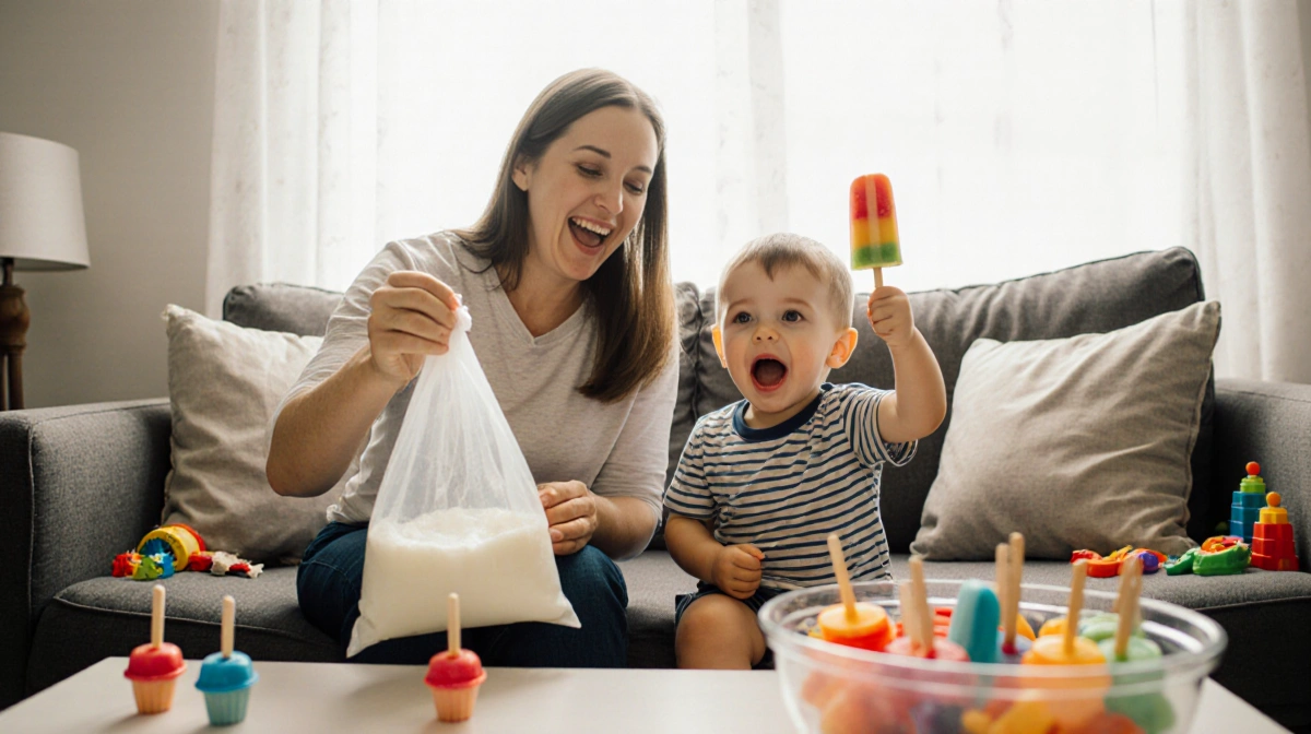 Mother and toddler sharing breast milk popsicle with colorful frozen treats on table behind