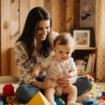 Young mother reading to toddler on her lap with colorful toys and warm golden light in cozy nursery