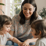 Jessie Owen playing with twins in a room surrounded by lush greenery and light that empowers motherhood and neurostimulation