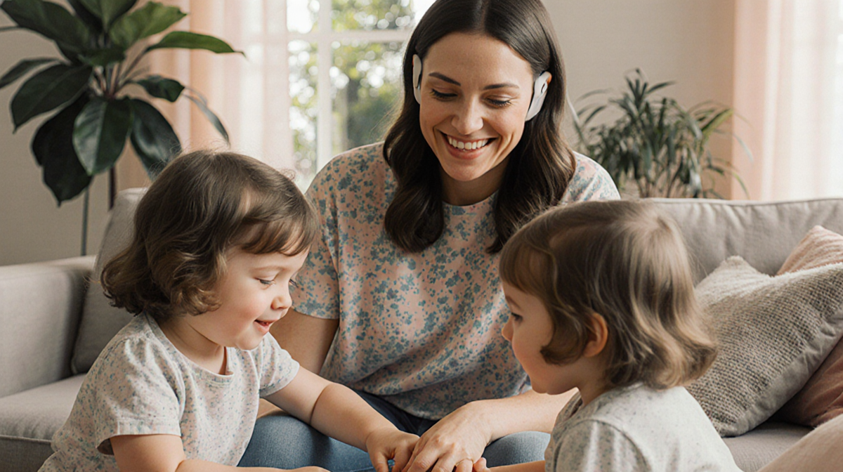 Jessie Owen playing with twins in a room surrounded by lush greenery and light that empowers motherhood and neurostimulation