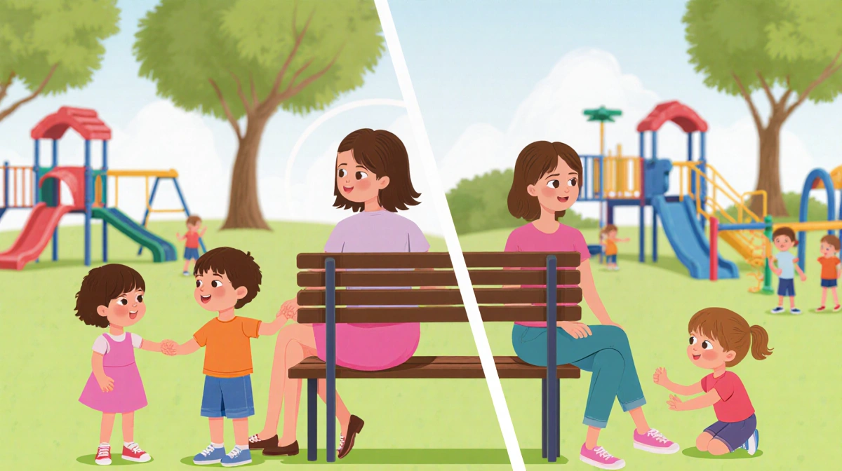 Two moms sit on bench with children playing as one holds hands and the other gazes back showing friendship paths diverged