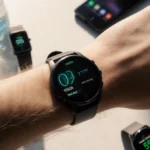 Moto Watch on wrist with smartphone and water bottle showing active wear lifestyle