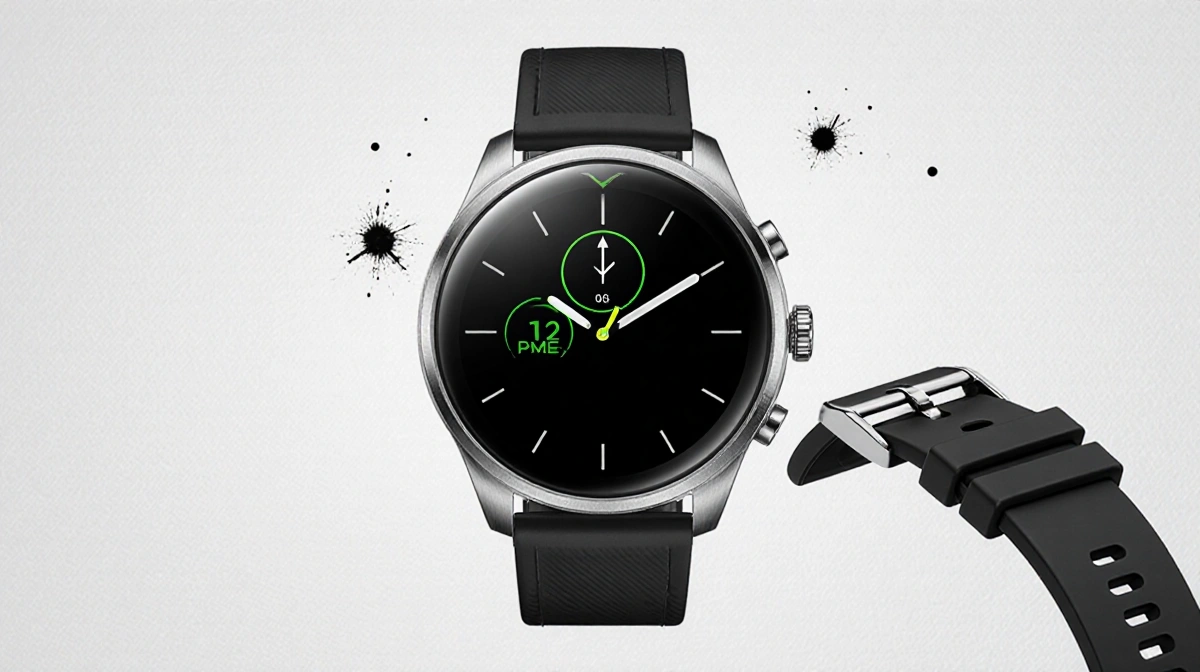 Moto Watch swapping stainless steel band for silicone strap with OLED screen showing time and smudges