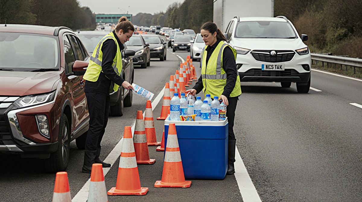 Volunteers offering refreshments to stranded drivers with a cooler of water and snacks beside stalled cars on a motorway