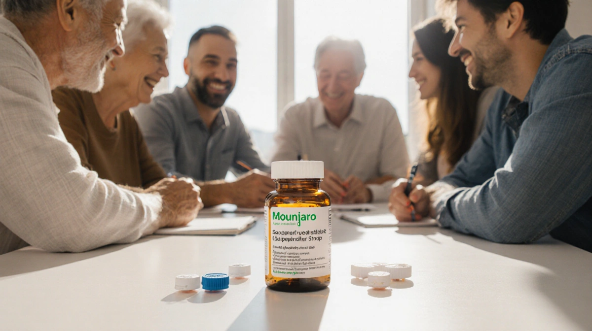 Diverse celebrities gather around table with Mounjaro bottle and supportive medications while sharing smiles