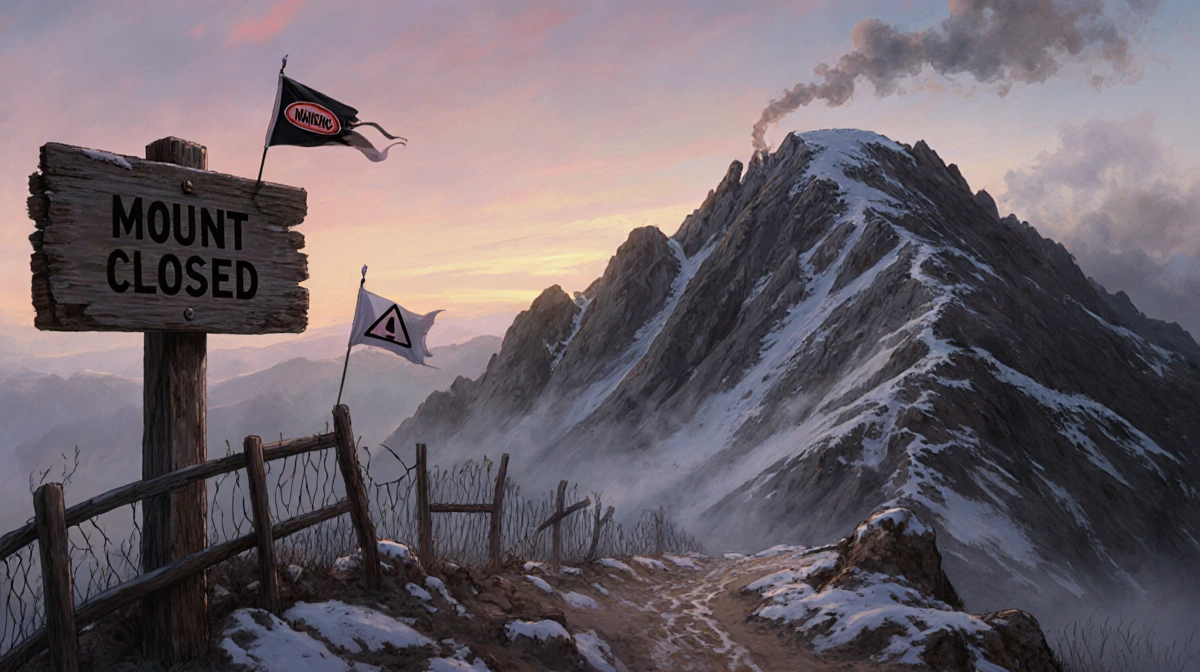 Misty Mount Baldy summit at dawn shrouded with steep snow trails and warning flags near trailhead