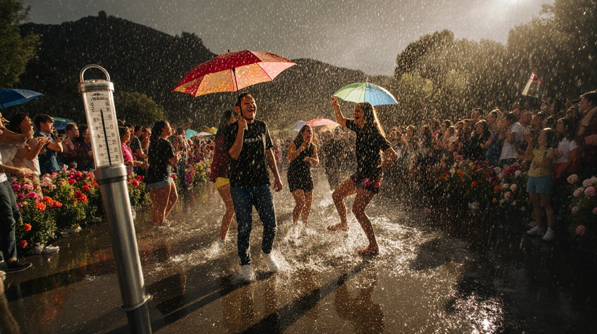 Crowd dancing in puddles with umbrellas blown inside out and a rain gauge showing 3.46 inches at Mount Baldy FS with greenery