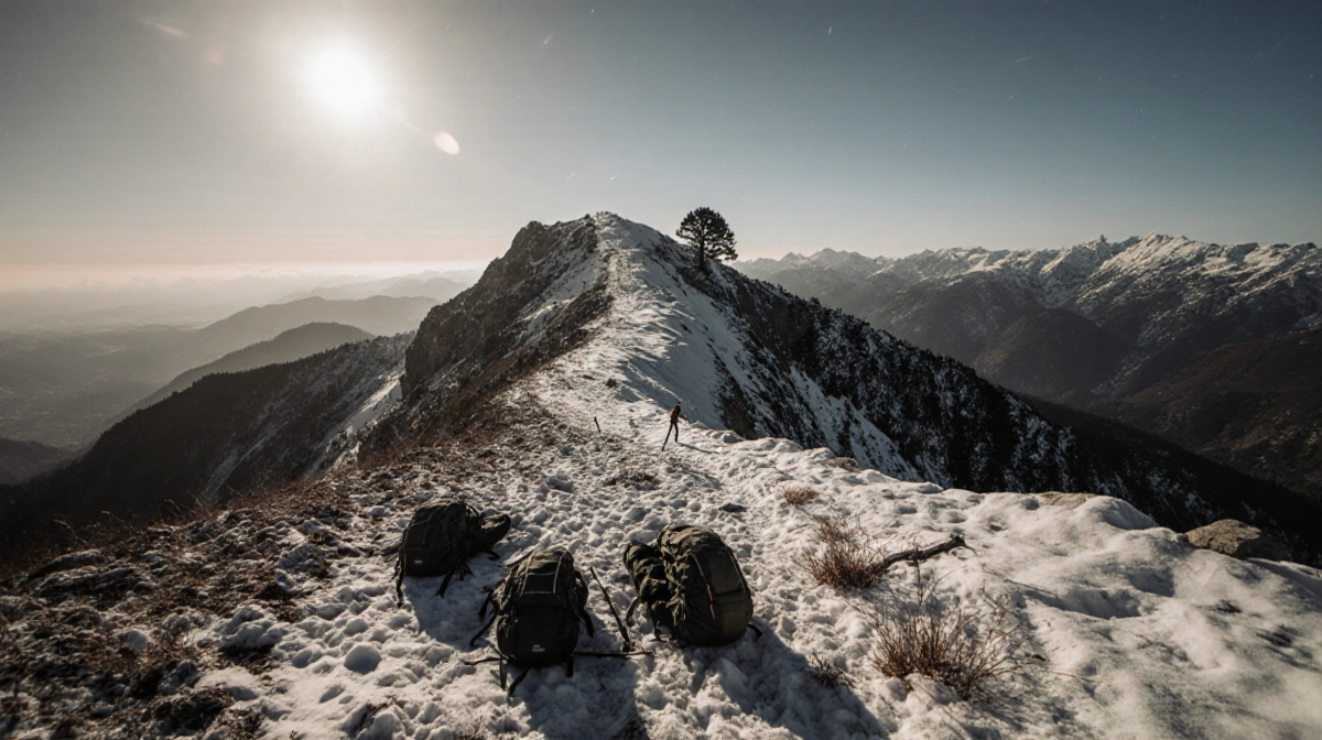 Rugged trailhead looms with snow-covered backpacks trekking poles and a faint distant trail under a grey-blue sky